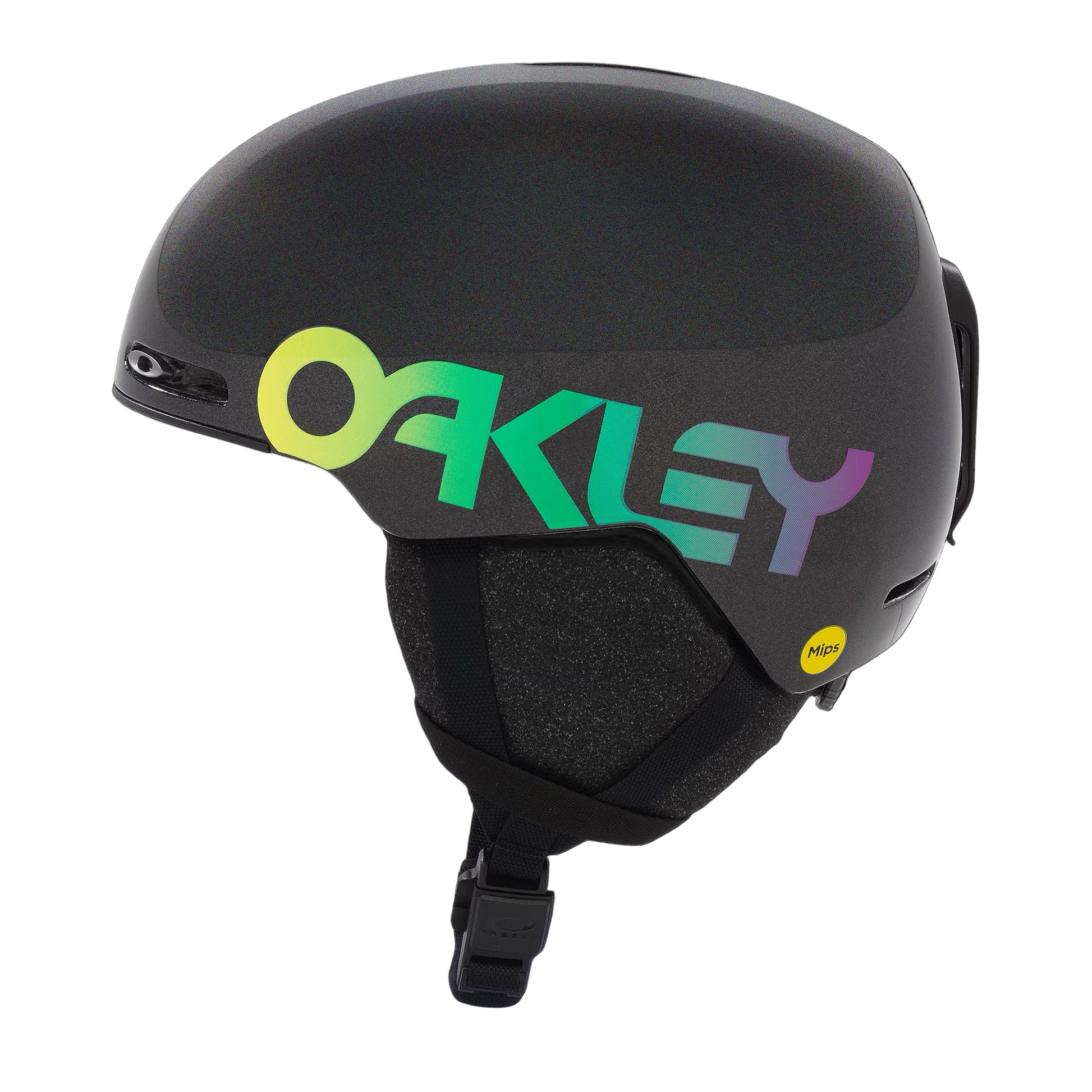 Black Oakley helmet with colorful logo on a black background