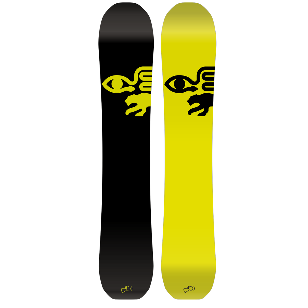 Steve's snow store Wollongong - Black and yellow snowboard with a logo on a white background