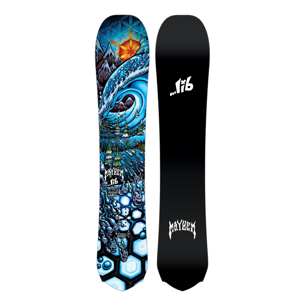 Steve's snow store Wollongong -Mayhem snowboard with colorful design on one side and black side with brand logo on a white background