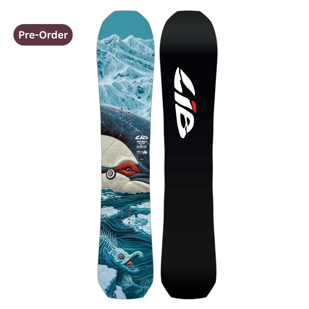 Steve's snow store Wollongong -Snowboard with mountain and whale design on one side and black side with logo on the other, pre-order label visible.