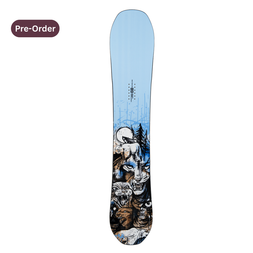 Steve's Snow Store Wollongong - Snowboard with a design of animals on a light blue background, labeled 'Pre-Order'.