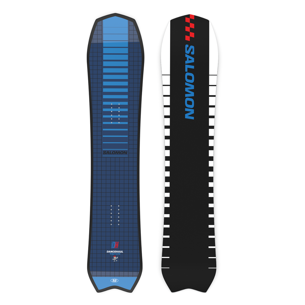 Steve's Snow store Wollongong - Two views of a snowboard with blue and black design and Salomon branding.