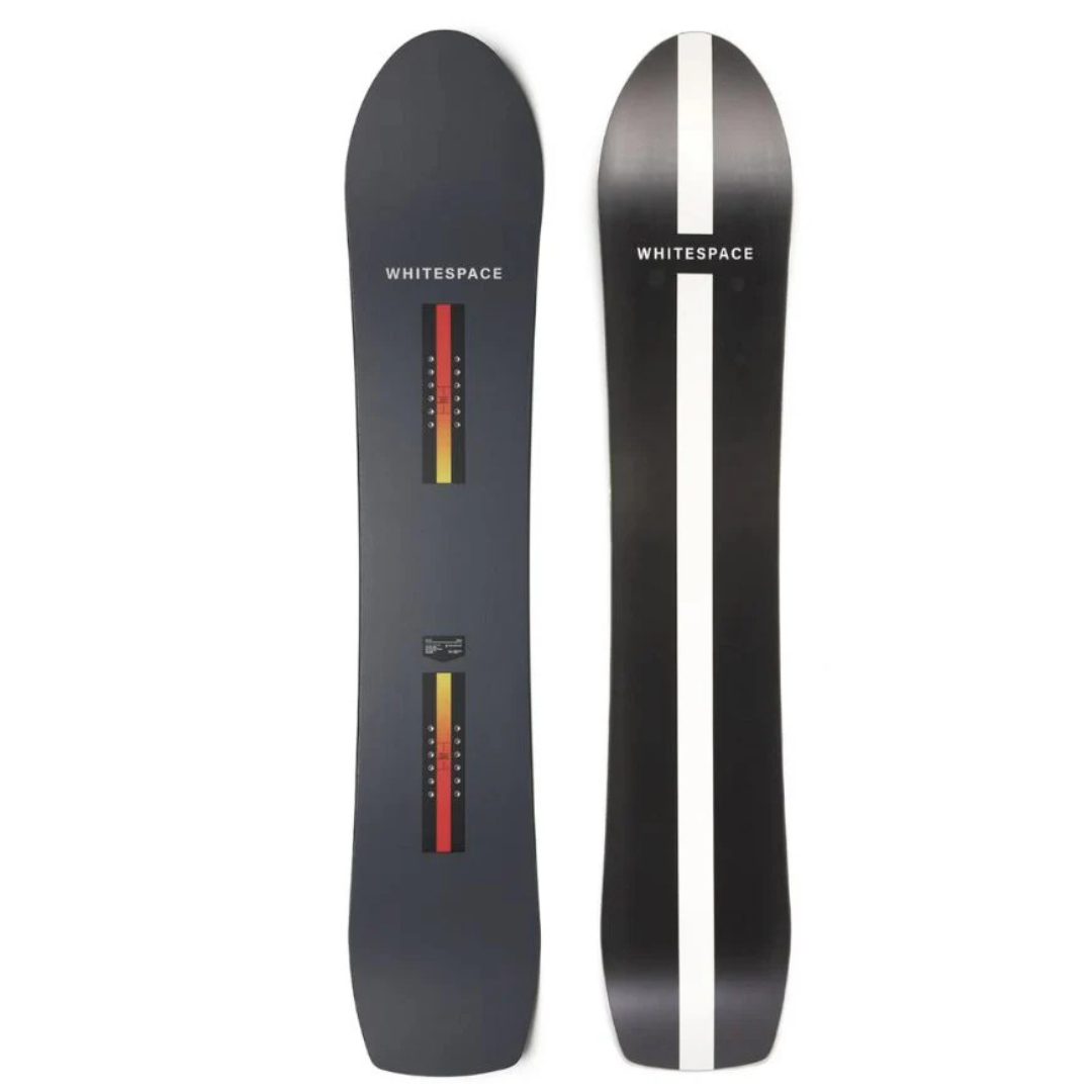 Steve's snow store Wollongong - Two views of a black snowboard with 'Whitespace' branding on a white background