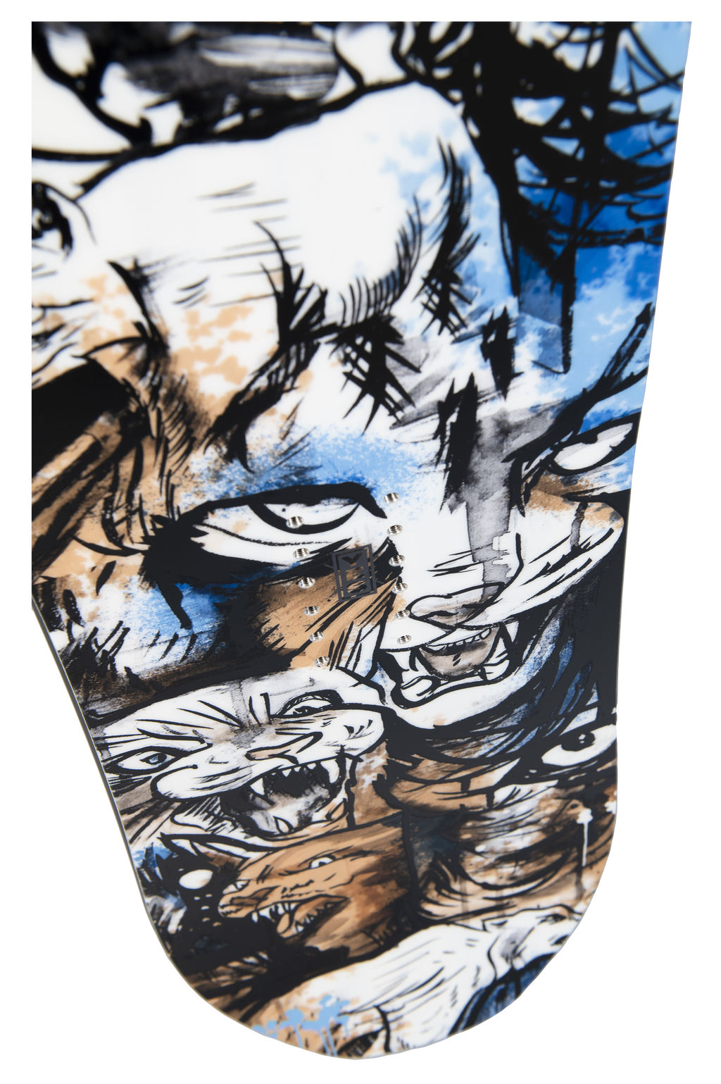 Steve's snow store Wollongong - close up of Yes PYL snowboard graphic including blue white and brown cat illustrations 