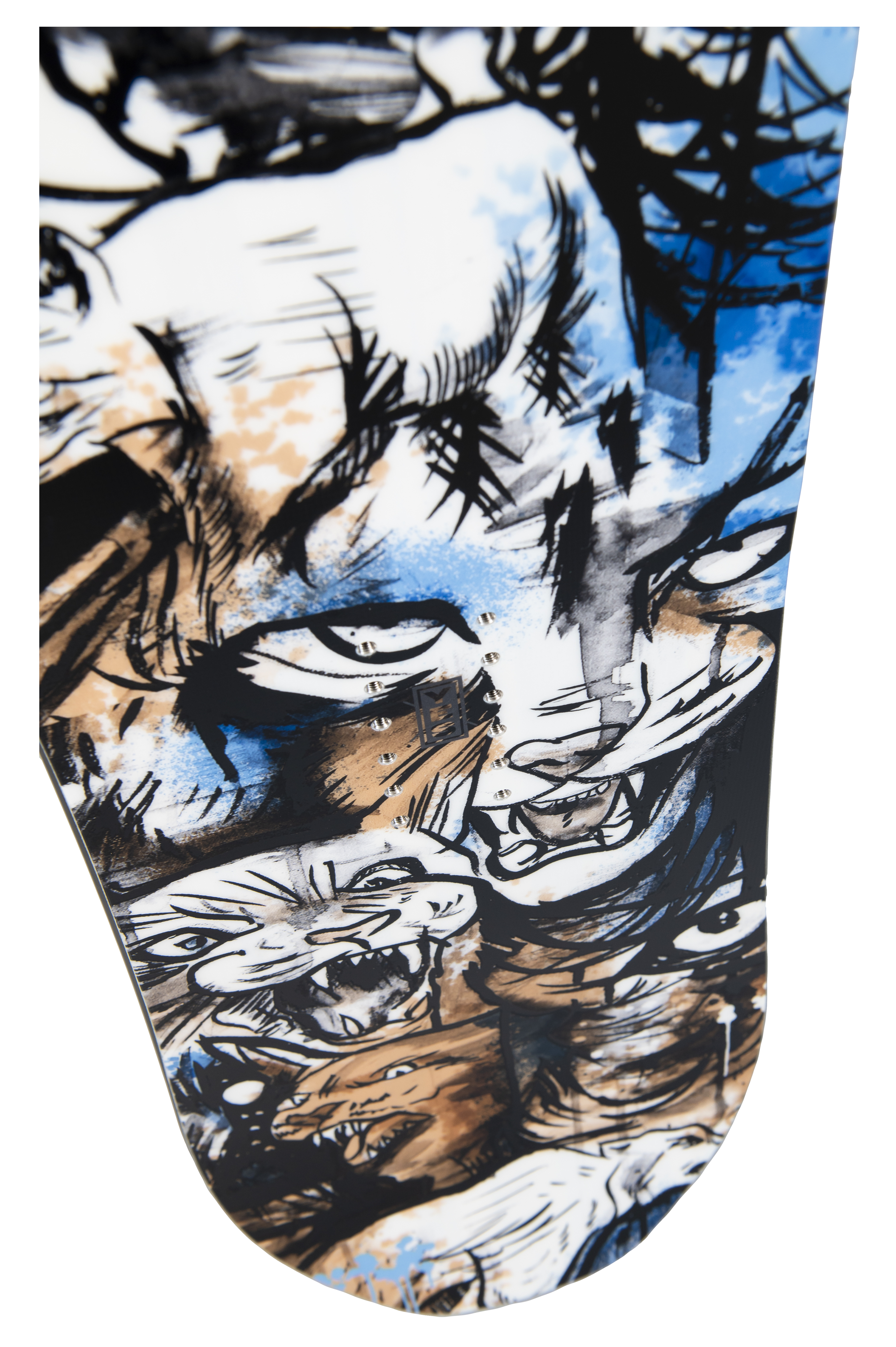 Steve's snow store Wollongong - close up of Yes PYL snowboard graphic including blue white and brown cat illustrations 