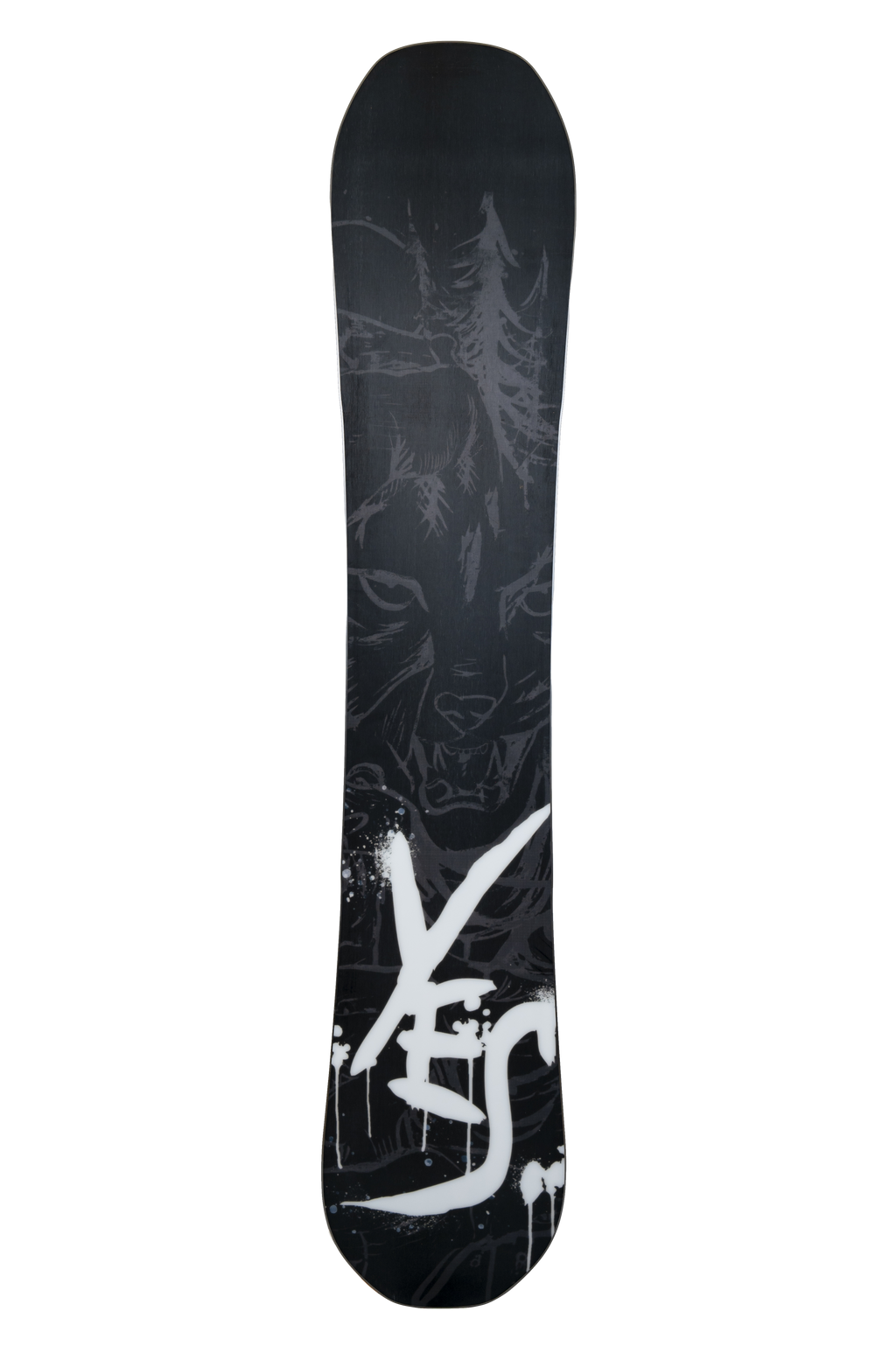 Steve's snow store Wollongong - Black snowboard with white graphics on a white background
