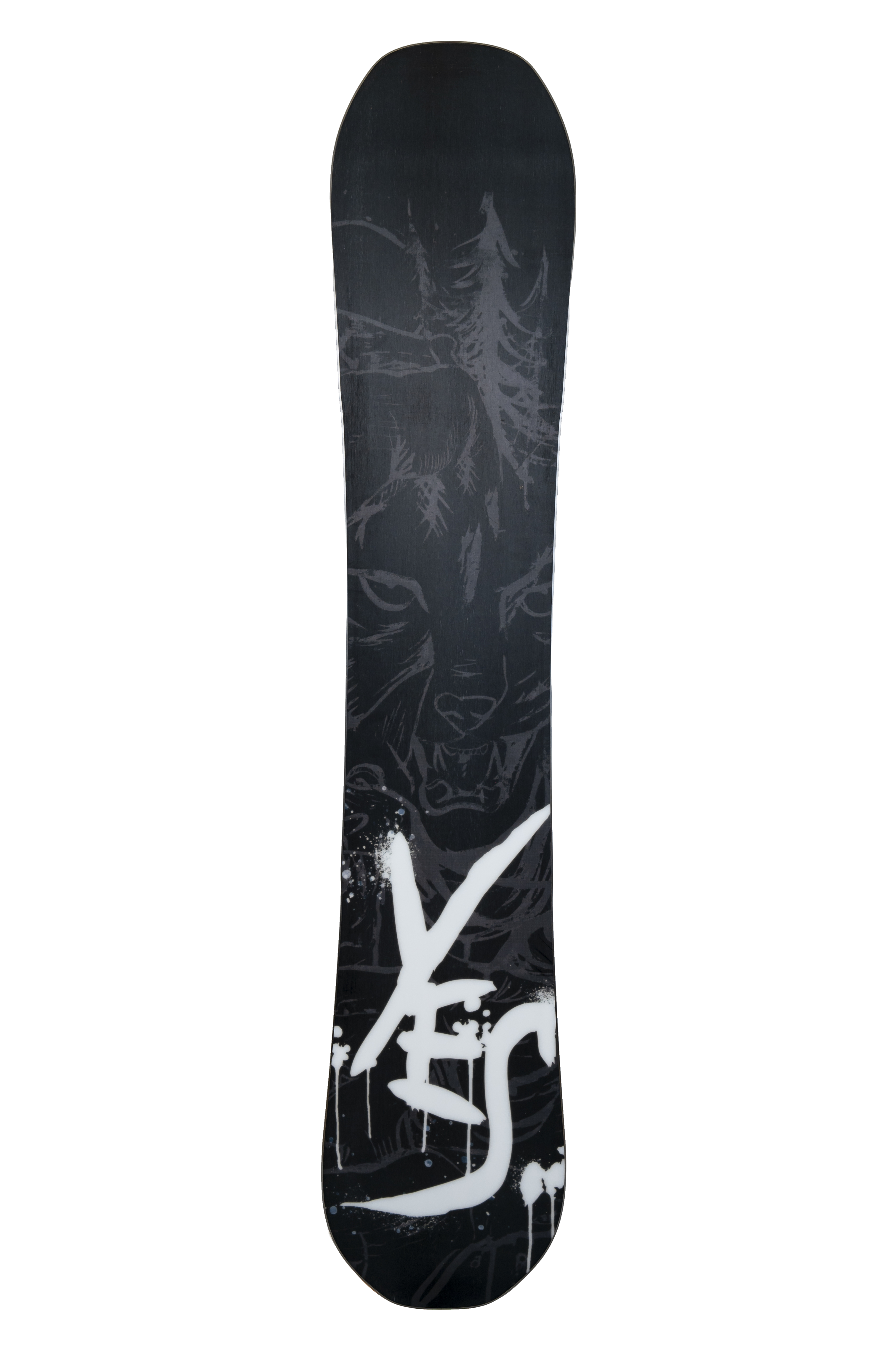 Steve's snow store Wollongong - Black snowboard with white graphics on a white background