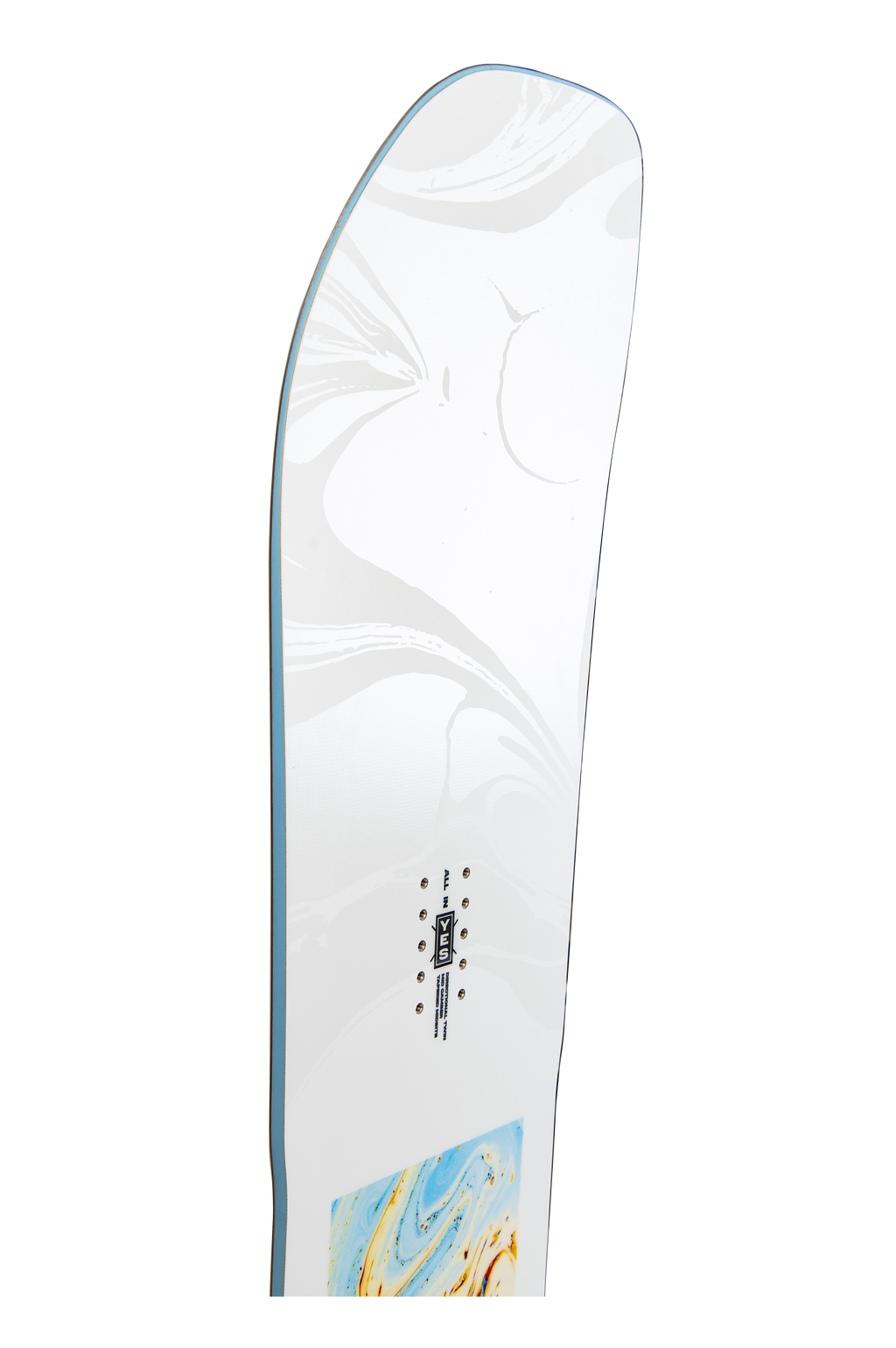 Steve's snow store Wollongong - White snowboard with blue and gold design on a white background