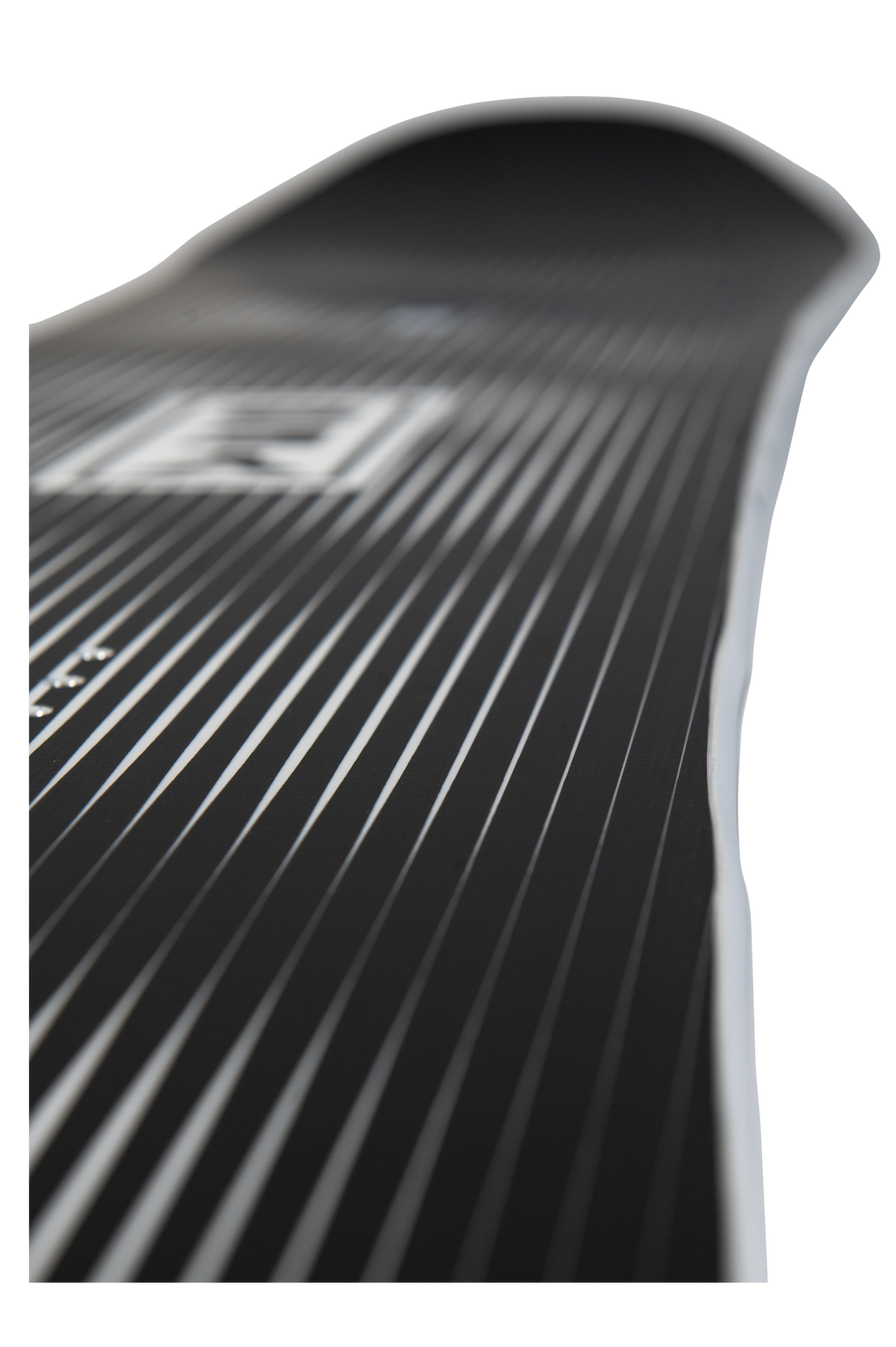 Steves snow store Wollongong - Close-up of a black snowboard with a brand logo on a white background